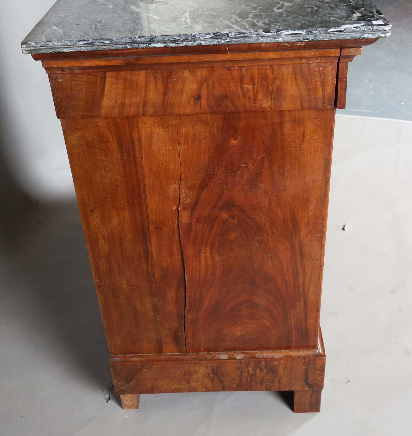 A 19th century French burr walnut four-drawer commode with a grey marble top and gilt brass handles, - Image 5 of 8