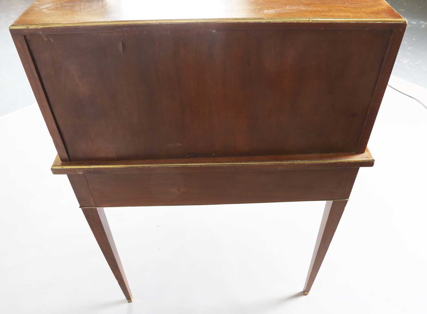 An early 20th century French mahogany and brass mounted bureau plat with raised tambour compartment, - Image 18 of 19