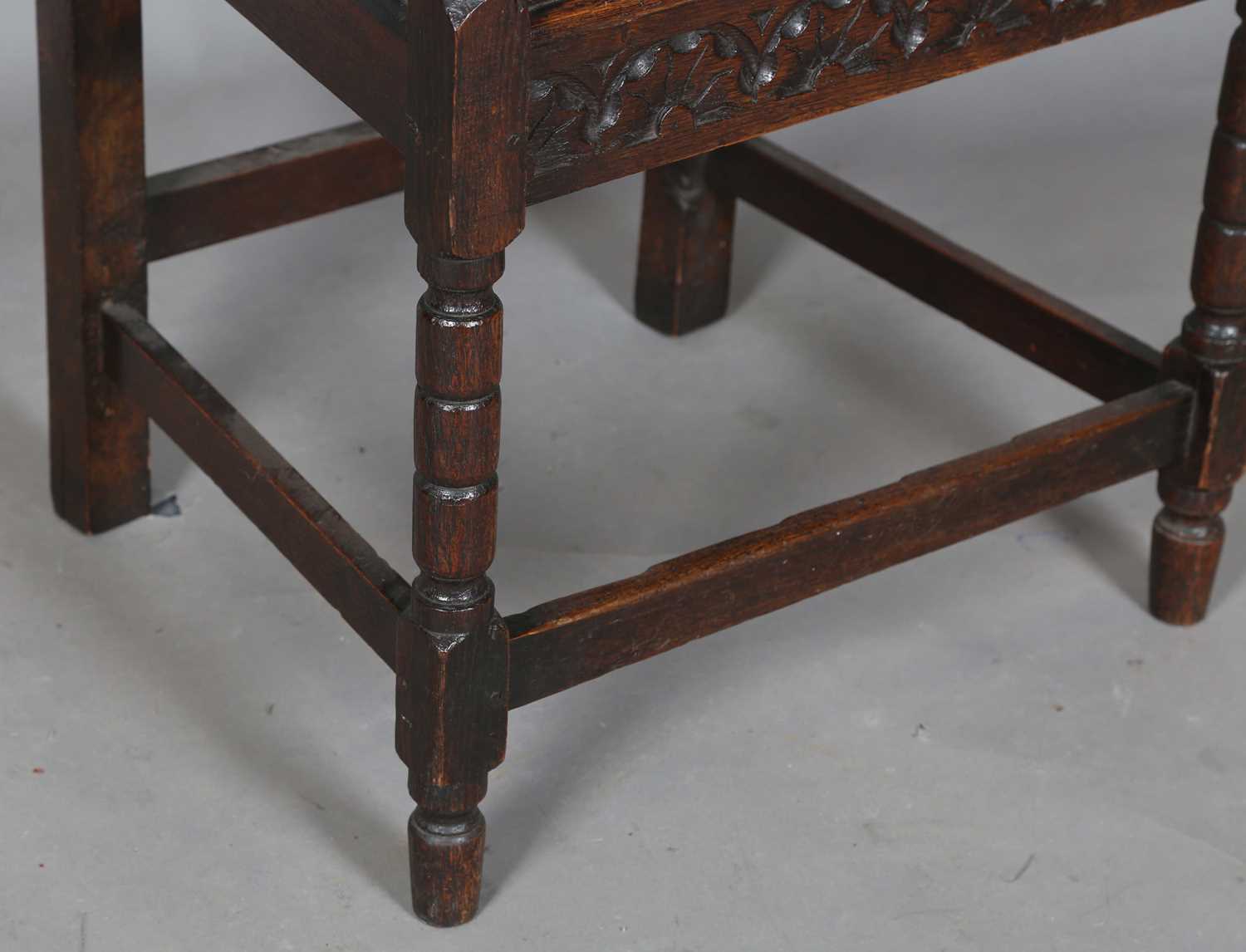 A late 19th/early 20th century Carolean Revival oak Wainscot armchair, height 115cm, width 51cm, - Image 8 of 12