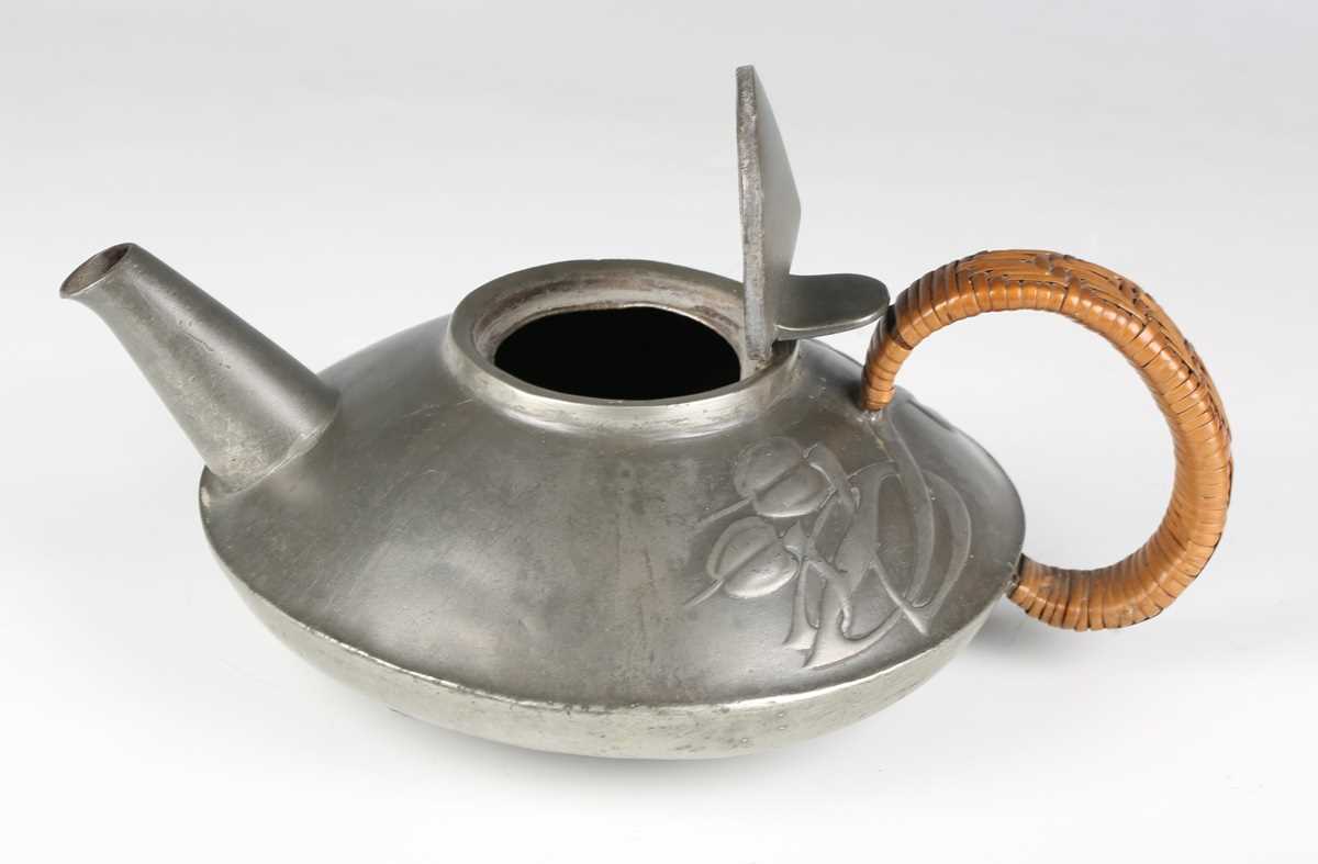 A Liberty & Co 'Tudric' pewter teapot and matching sugar bowl, model number '0231', designed by - Image 7 of 17