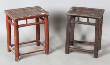 Two Chinese softwood stands with bamboo inset tops, height 48cm, width 40cm, depth 29cm.