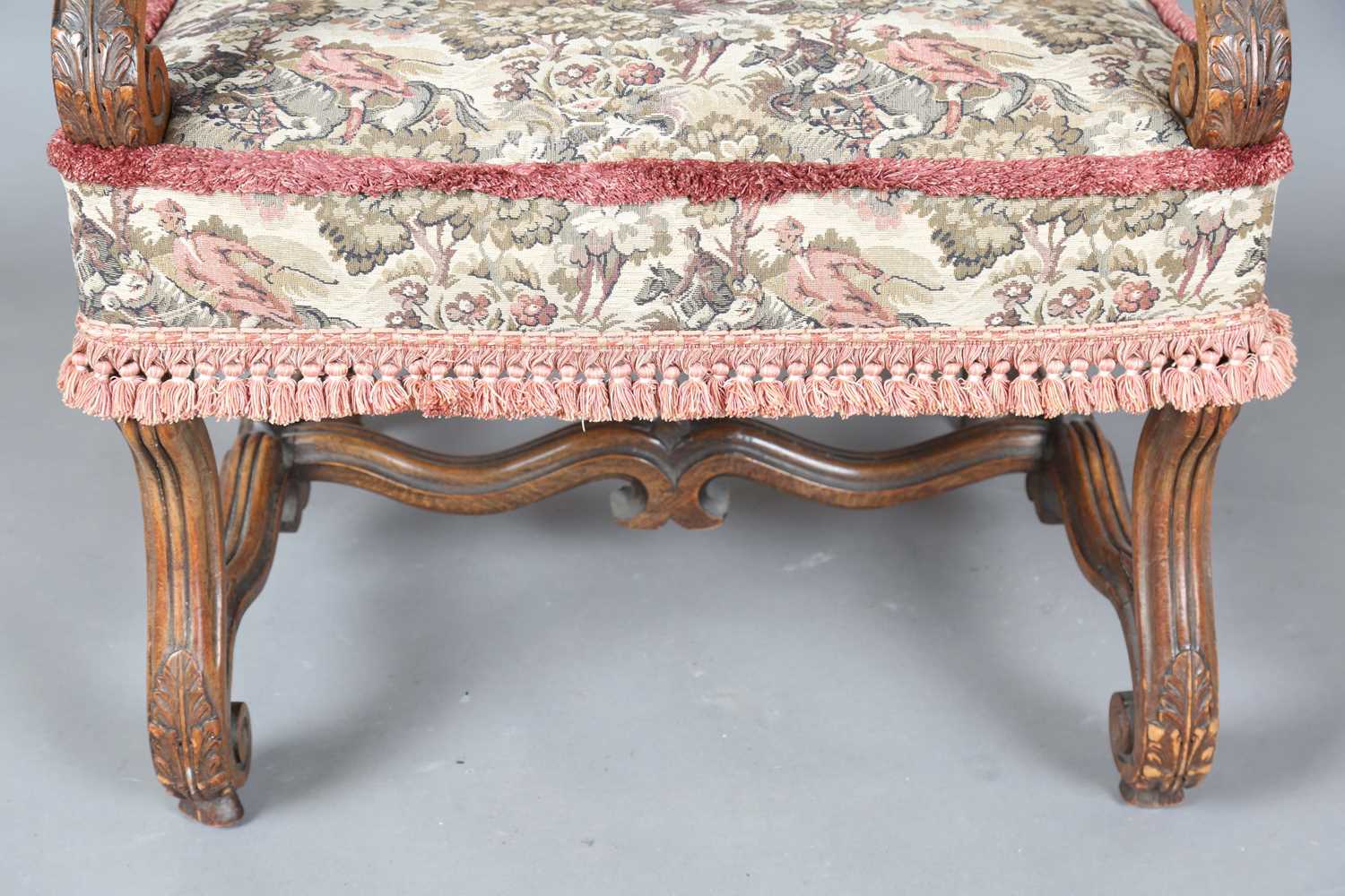 A late 19th century French Baroque Revival walnut framed armchair, upholstered in machined tapestry, - Image 6 of 14