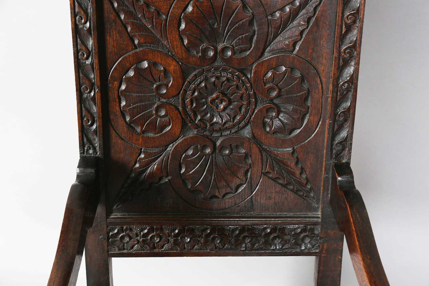 A late 19th/early 20th century Carolean Revival oak Wainscot armchair, height 115cm, width 51cm, - Image 3 of 12