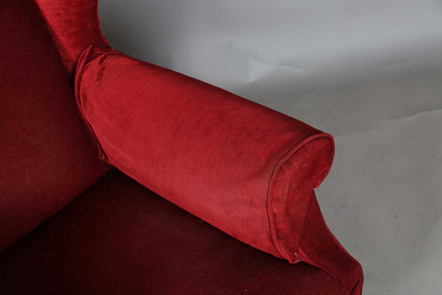 A late Victorian wing back armchair, upholstered in claret velour, height 95cm, width 84cm, depth - Image 5 of 12