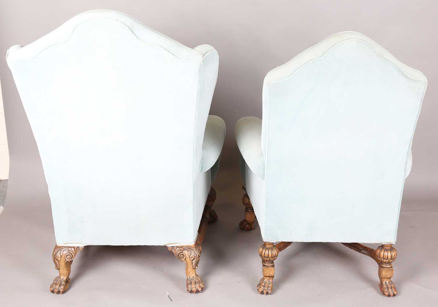 A pair of early 20th century Baroque Revival lady's and gentleman's armchairs, both raised on carved - Image 13 of 17