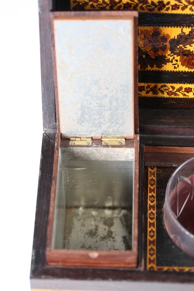 A Victorian Tunbridge ware rosewood tea caddy of sarcophagus form, the hinged lid with a geometric - Image 8 of 20