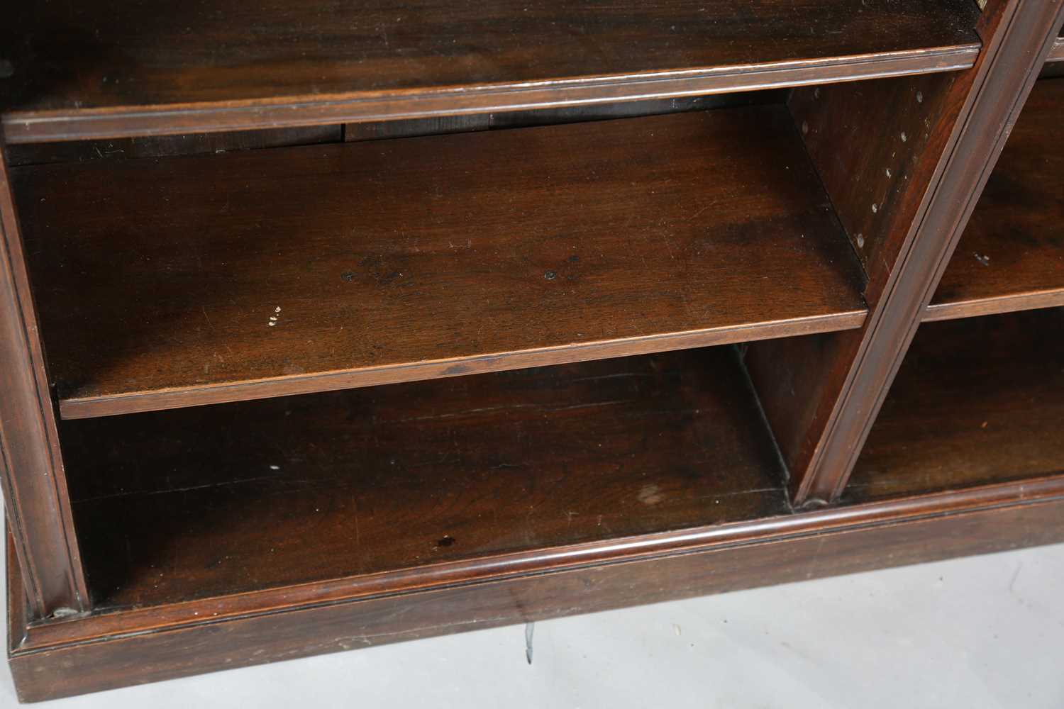 An Edwardian walnut two-section open bookcase with a brass three-quarter gallery, on a plinth - Image 6 of 11