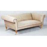 A David Linley scroll arm sofa, upholstered in pink dotted gilt damask, raised on fluted wooden legs