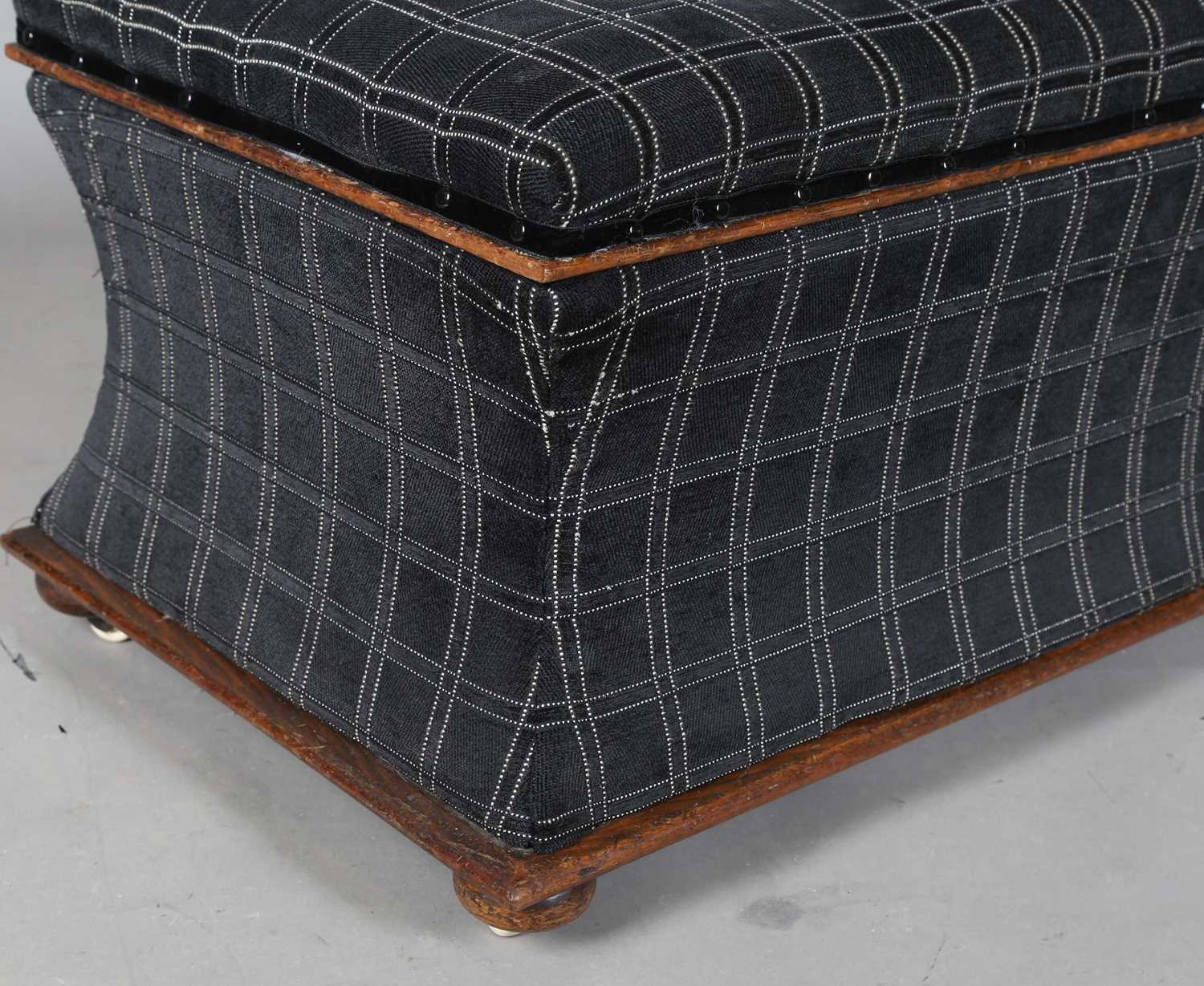 A Victorian mahogany framed rectangular ottoman with hinged lid and concave sides, raised on cup - Image 5 of 5