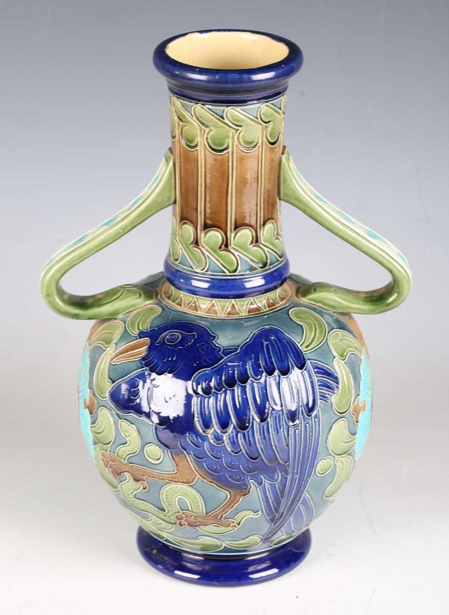 A Burmantofts Faience pottery twin-handled vase, circa 1900, the bulbous body decorated with - Image 10 of 12