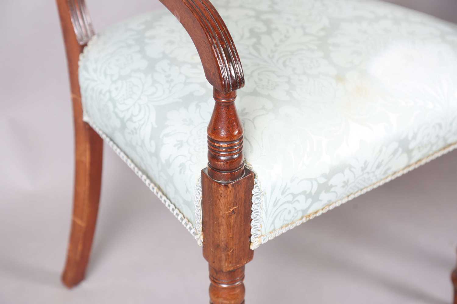 A set of eight Regency mahogany and brass inlaid bar back dining chairs, comprising two carvers, - Image 7 of 17