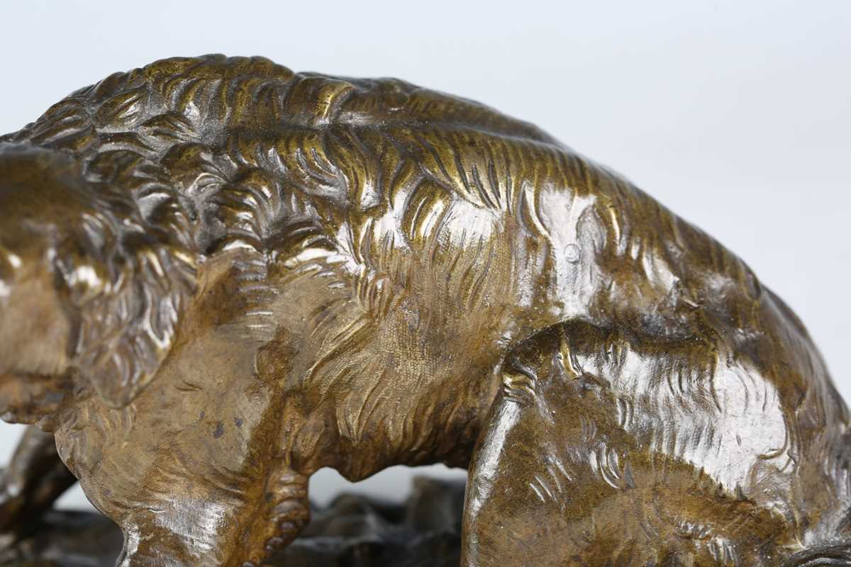 A late 19th century Continental green patinated cast bronze model of a barking dog, raised on a - Image 4 of 16