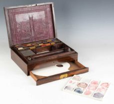 A Victorian rosewood cased artist's box by Newman's Manufactory, the top inlaid in mother-of-pearl