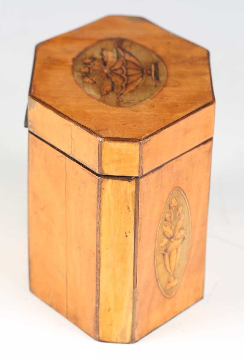 A George III satin birch canted hexagonal tea caddy, the hinged lid and front panels inlaid with - Image 7 of 10