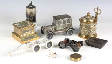 A small group of collectors' items, including a late Victorian brass string box with scissors, a