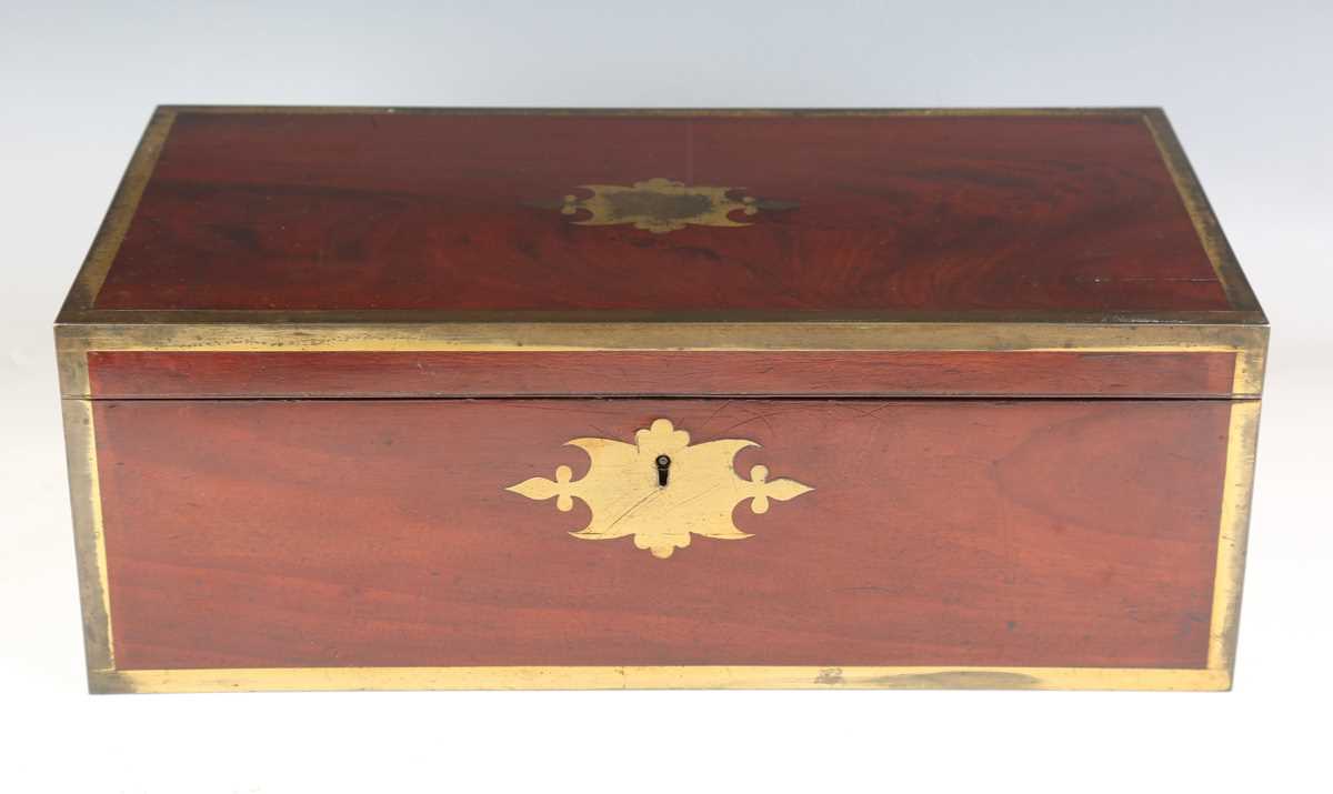 A late George III mahogany and gilt brass bound campaign style writing slope, the sides with brass - Image 13 of 15