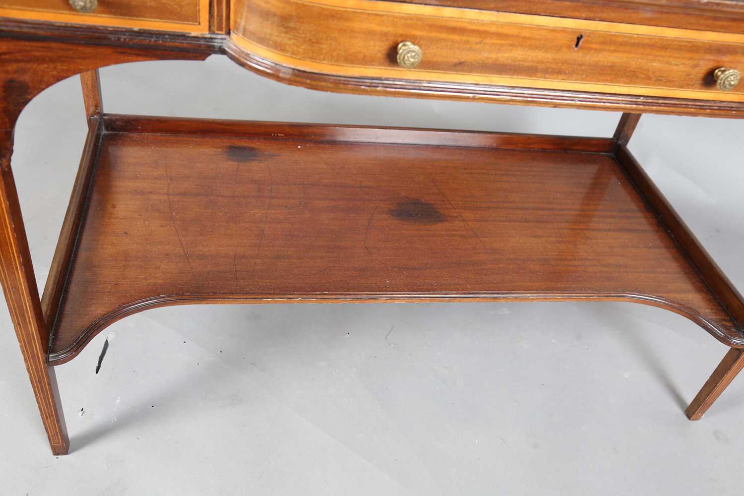 An Edwardian mahogany and satinwood crossbanded writing table, the frieze back fitted with - Image 7 of 11