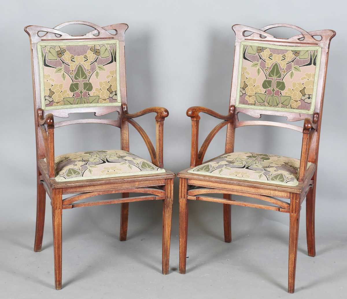 An Art Nouveau stained beech three-piece salon suite with pierced showframe and contemporary fabric, - Image 17 of 27