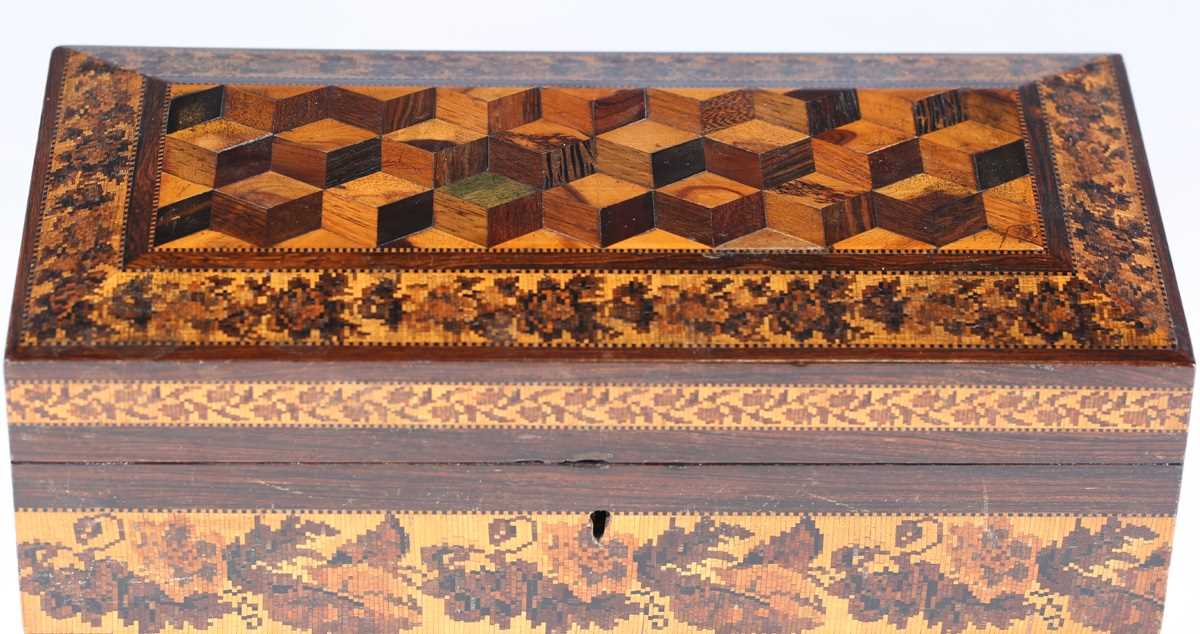 A Victorian Tunbridge ware rosewood tea caddy of sarcophagus form, the hinged lid with a geometric - Image 14 of 20