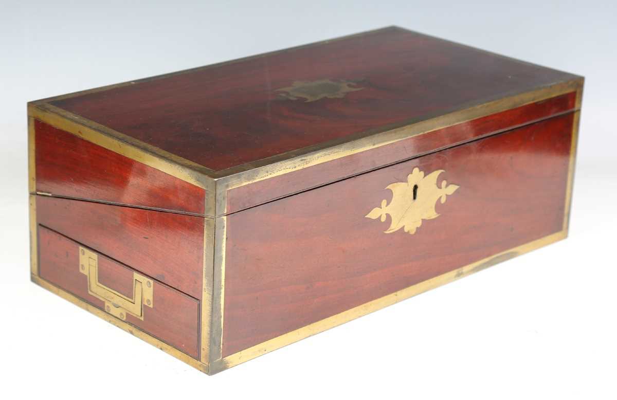 A late George III mahogany and gilt brass bound campaign style writing slope, the sides with brass - Image 11 of 15