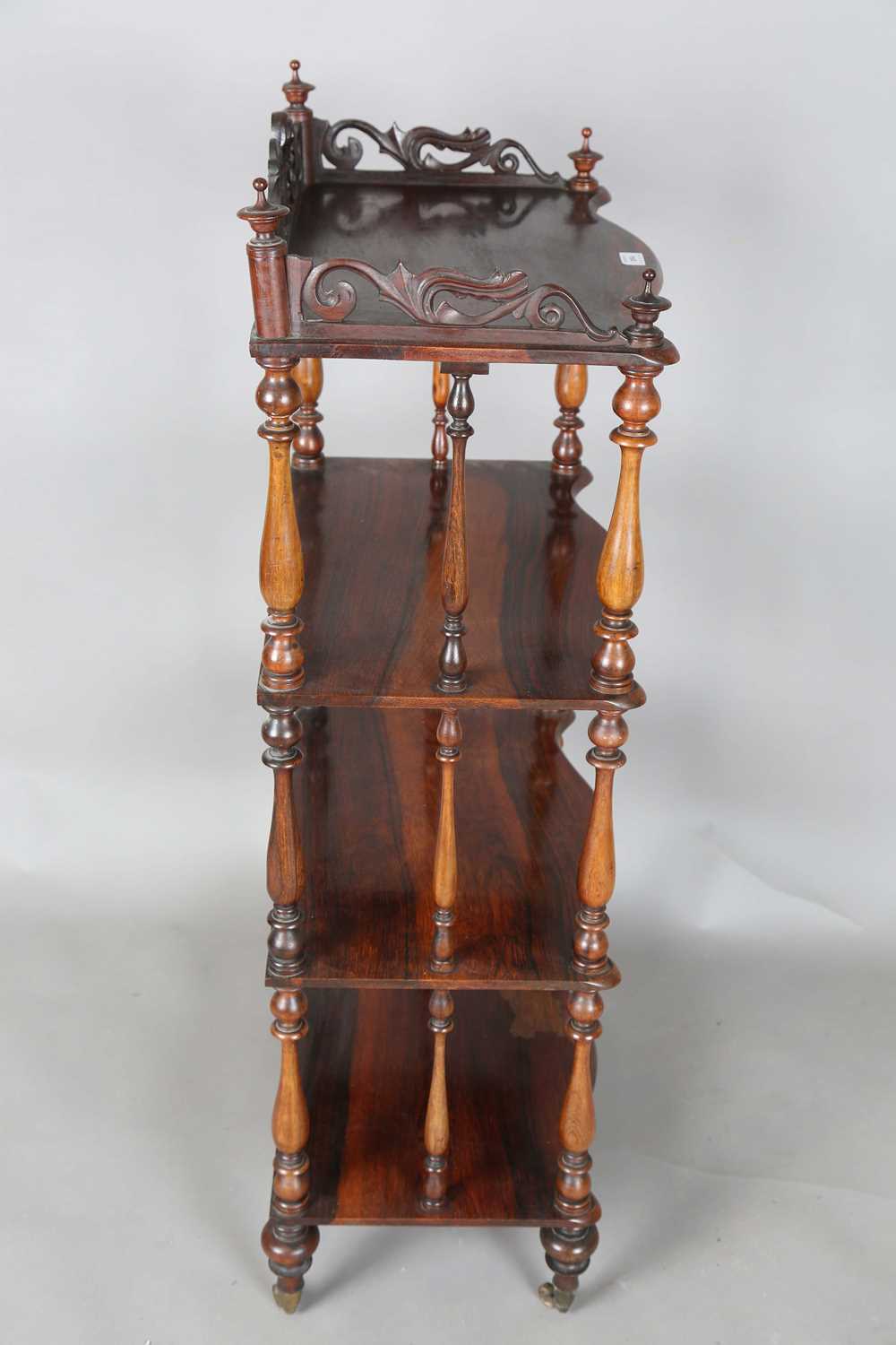A Victorian rosewood serpentine-fronted four-tier whatnot, height 125cm, width 56cm, depth 36cm. - Image 10 of 12