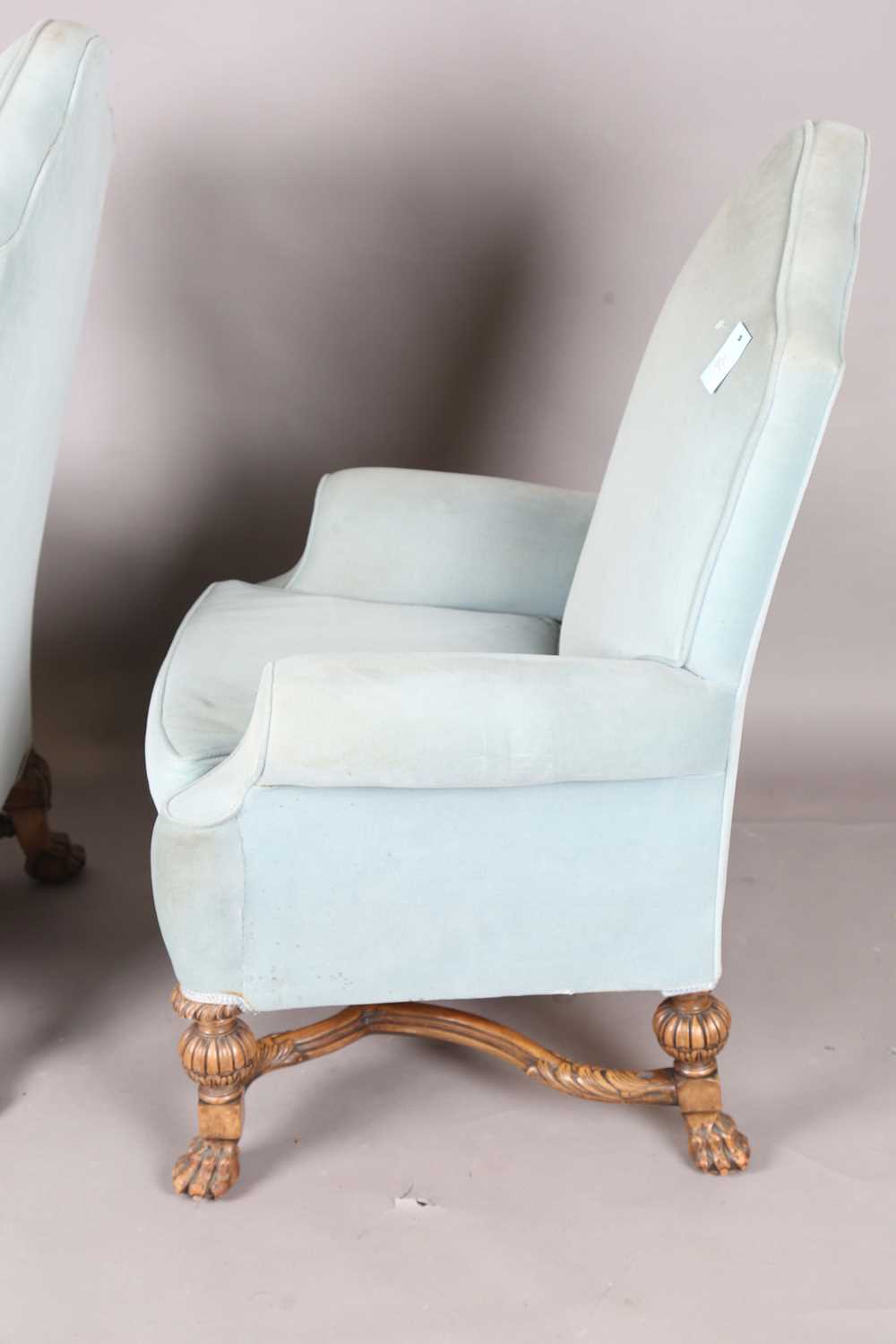 A pair of early 20th century Baroque Revival lady's and gentleman's armchairs, both raised on carved - Image 15 of 17