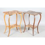 A pair of Art Nouveau walnut two-tier occasional tables, one decorated with overall pokerwork, the