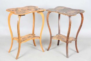 A pair of Art Nouveau walnut two-tier occasional tables, one decorated with overall pokerwork, the