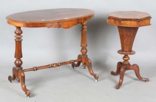 A late Victorian burr walnut oval stretcher table, height 72cm, width 97cm, together with a