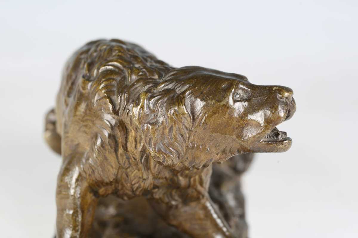 A late 19th century Continental green patinated cast bronze model of a barking dog, raised on a - Image 14 of 16