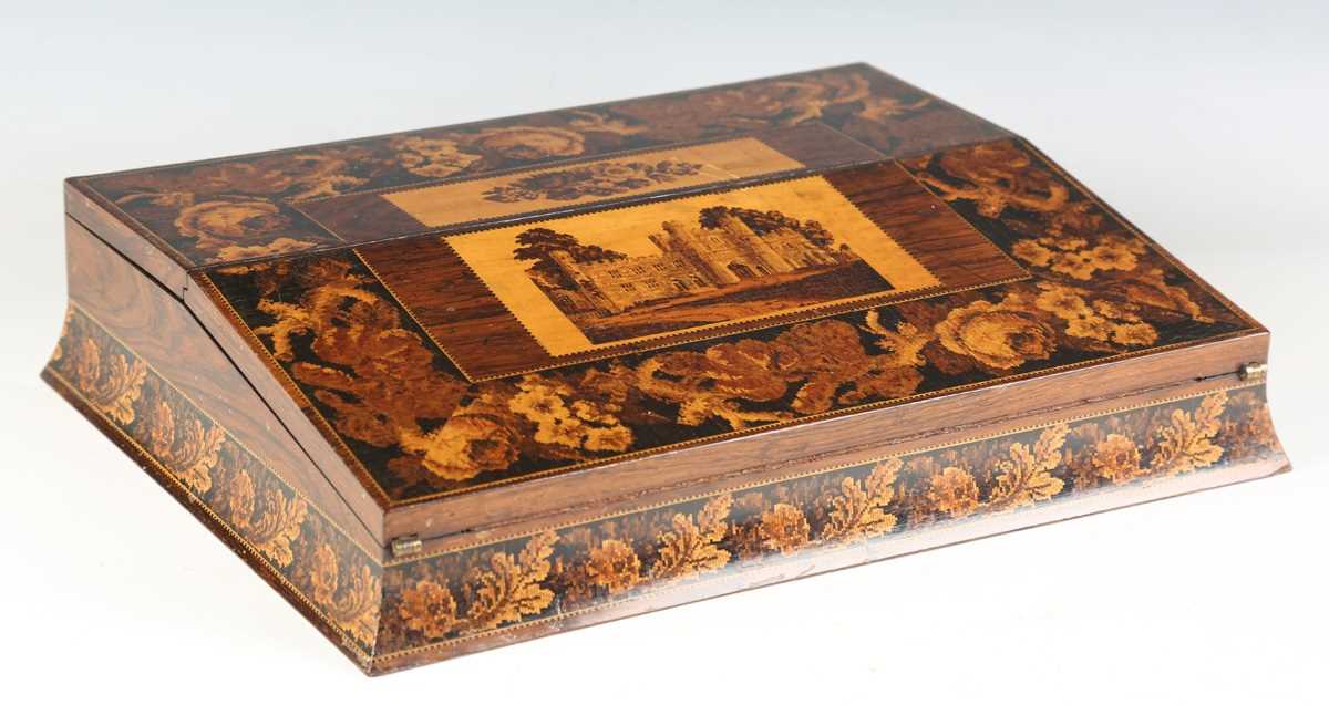 A mid-Victorian Tunbridge ware writing box, the double-hinged lid with a mosaic view of a castle