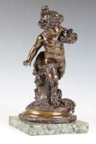 A mid-19th century French patinated cast bronze figure of a Bacchanalian fawn, in the manner of