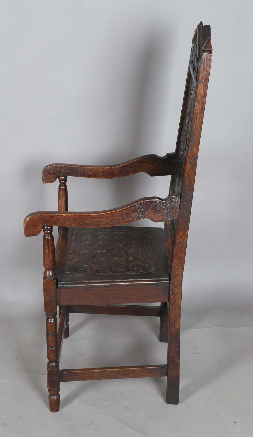 A late 19th/early 20th century Carolean Revival oak Wainscot armchair, height 115cm, width 51cm, - Image 11 of 12