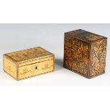 A Regency satin birch box, decorated with penwork chinoiserie scenes of figures, width 15cm,