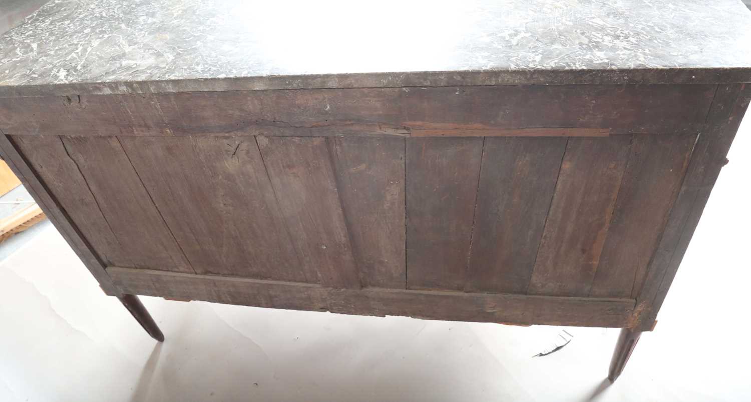 A late 18th century French Louis XVI period fruitwood five-drawer commode with a dark grey marble - Image 7 of 8