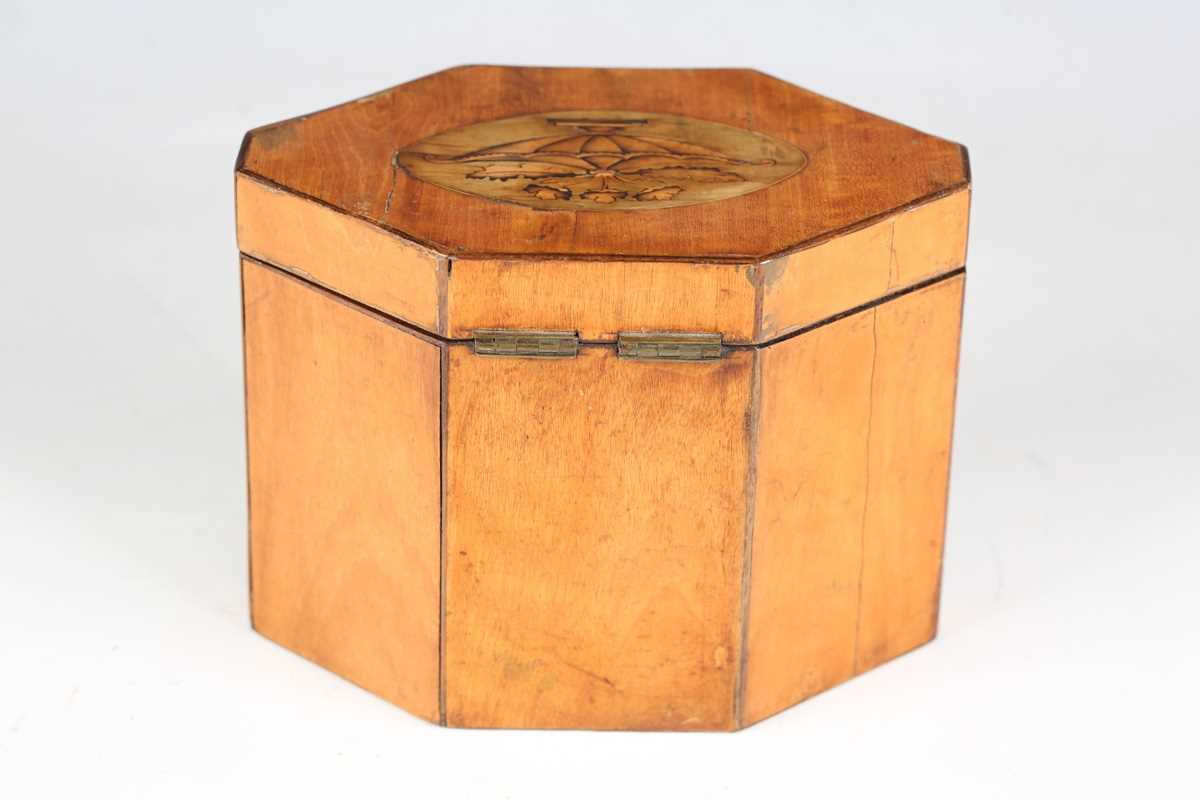 A George III satin birch canted hexagonal tea caddy, the hinged lid and front panels inlaid with - Image 8 of 10