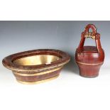 A Chinese softwood and brass bound wash basin, width 54cm, together with a similar water carrier,