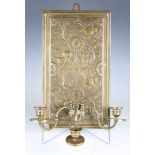 A late Victorian Aesthetic Movement brass three-light wall sconce, in the manner of Bruce Talbert,