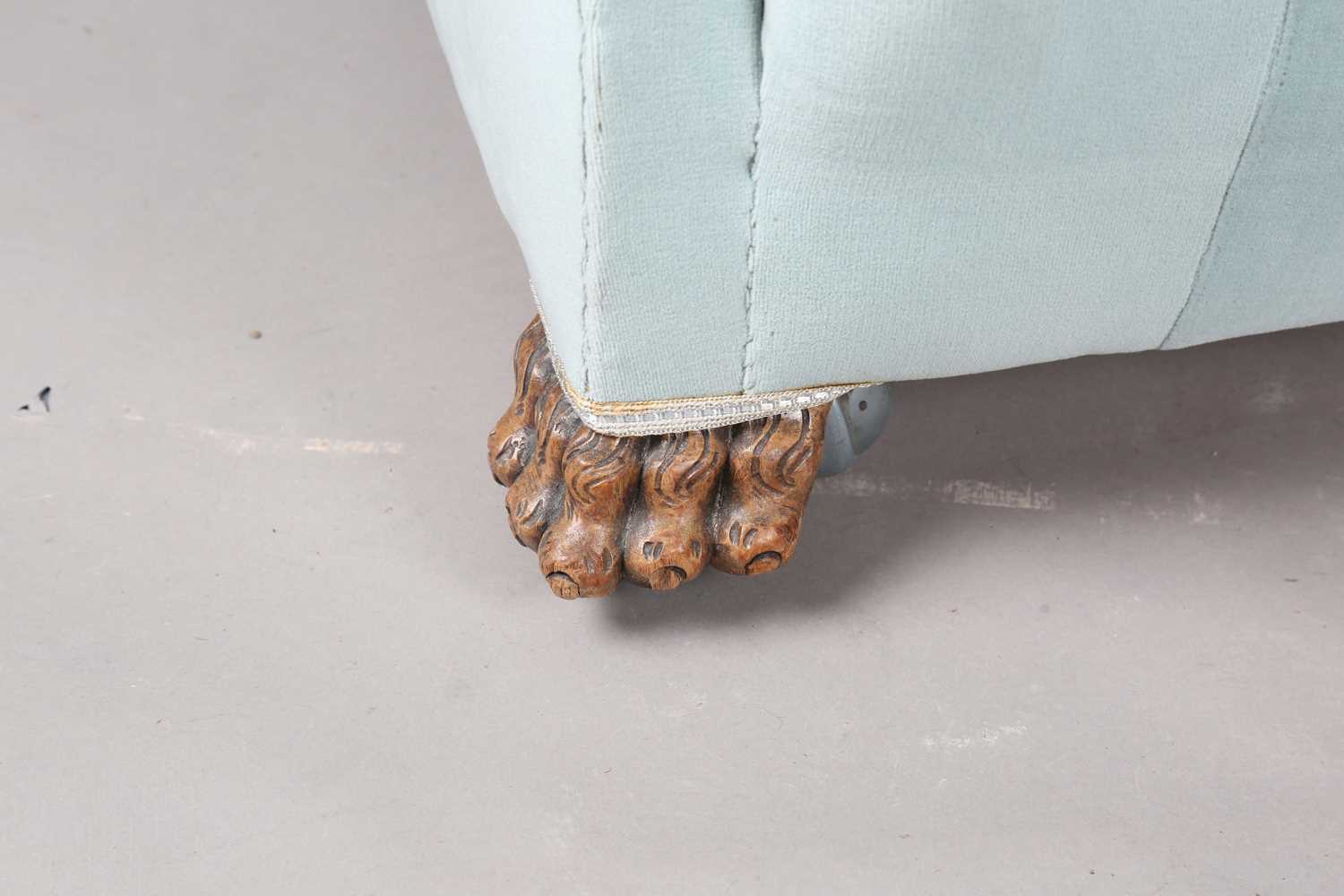 An early 20th century Knole settee, upholstered in pale blue/green velour, on carved hairy claw - Image 8 of 12