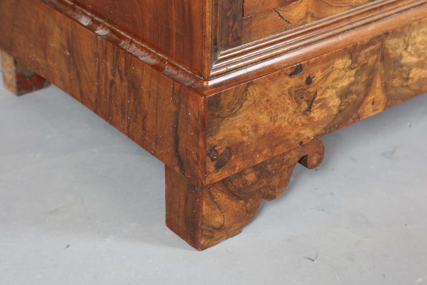 A 19th century French burr walnut four-drawer commode with a grey marble top and gilt brass handles, - Image 4 of 8