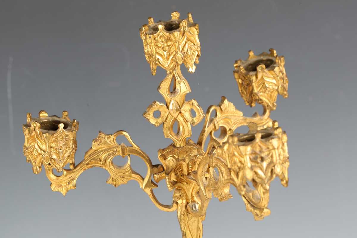 A pair of late 19th century French Gothic Revival cast ormolu four-light candelabra, each stem - Image 7 of 15