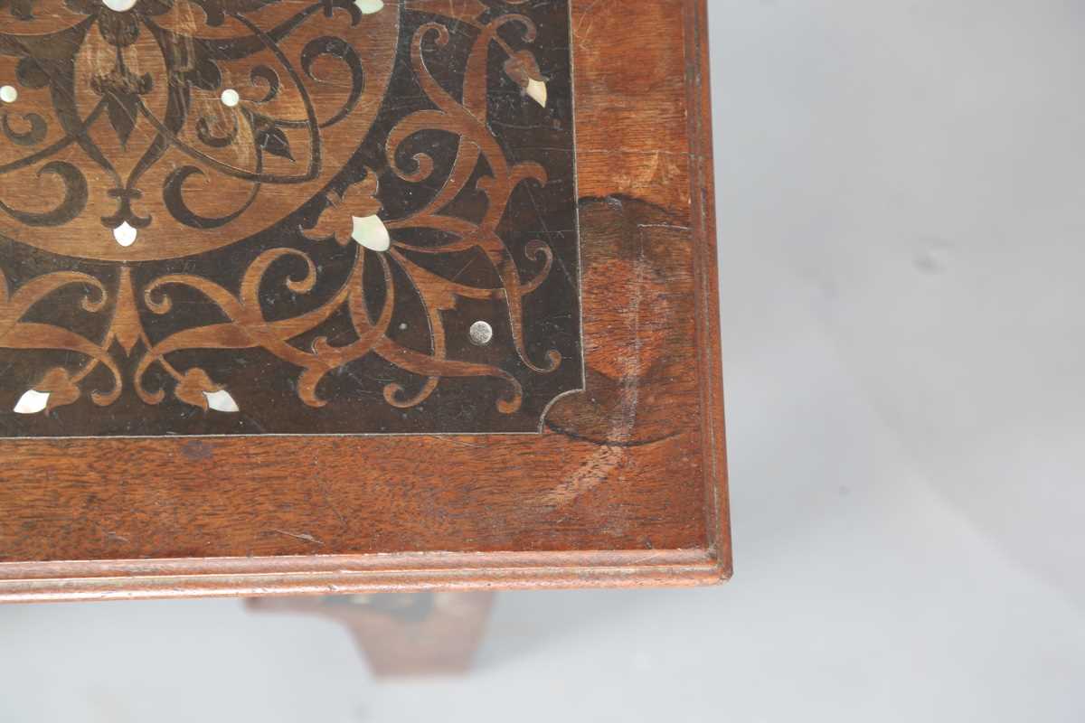 An early 20th century Continental Art Nouveau walnut square occasional table, the top and arched - Image 4 of 11