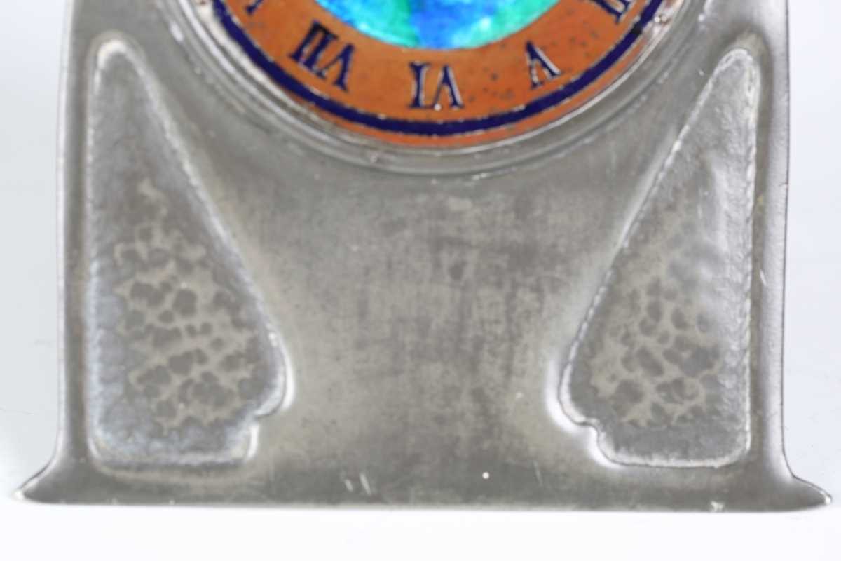 A Liberty & Co 'Tudric' pewter timepiece, model number '0975', the lancet arched front with a blue/ - Image 4 of 9