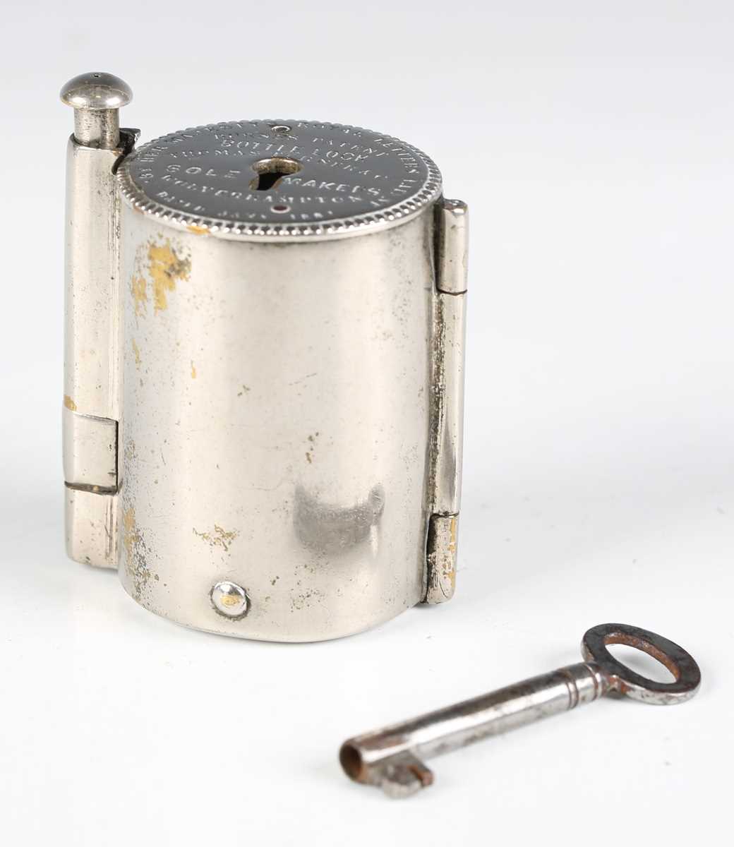 A Victorian plated brass Burns's Patent 'Bottle Lock' by Thomas Turner of Wolverhampton, length 5.