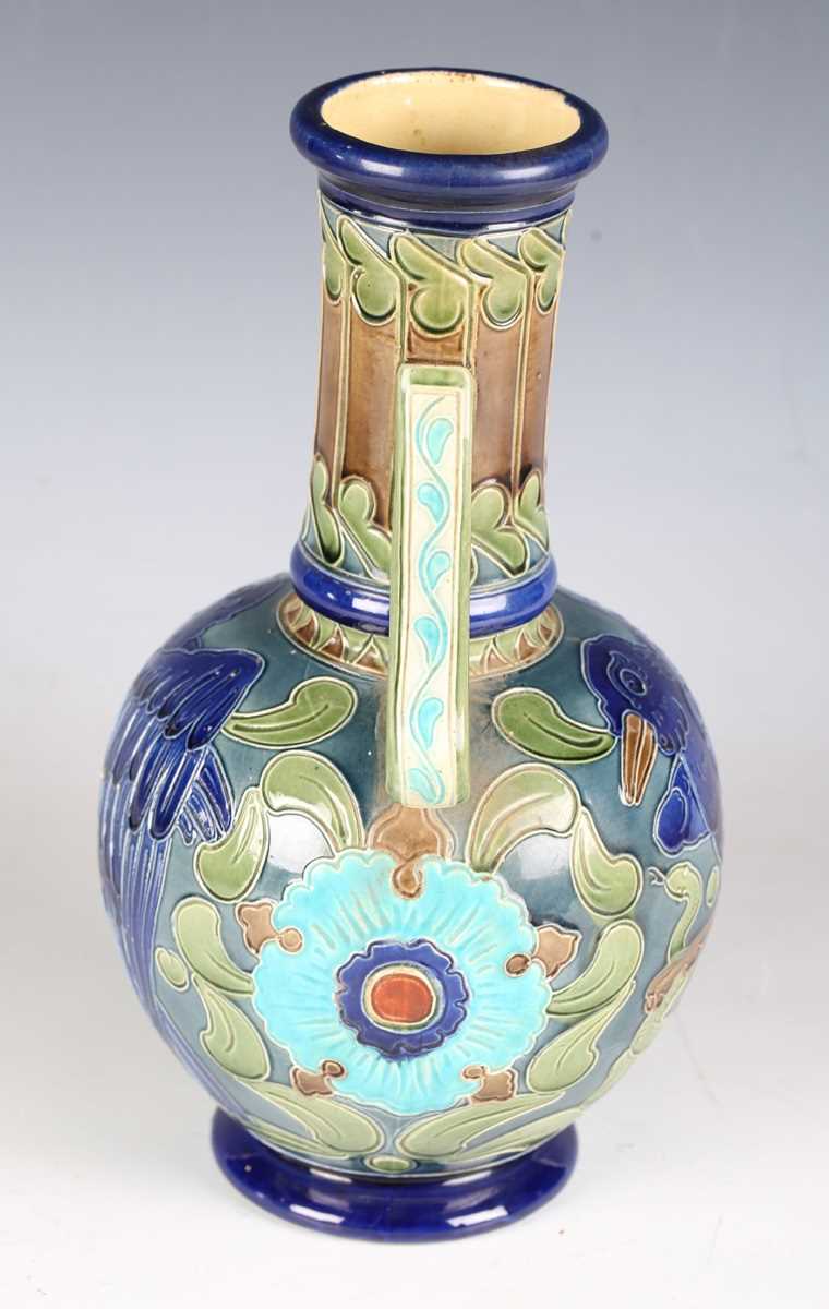 A Burmantofts Faience pottery twin-handled vase, circa 1900, the bulbous body decorated with - Image 6 of 12