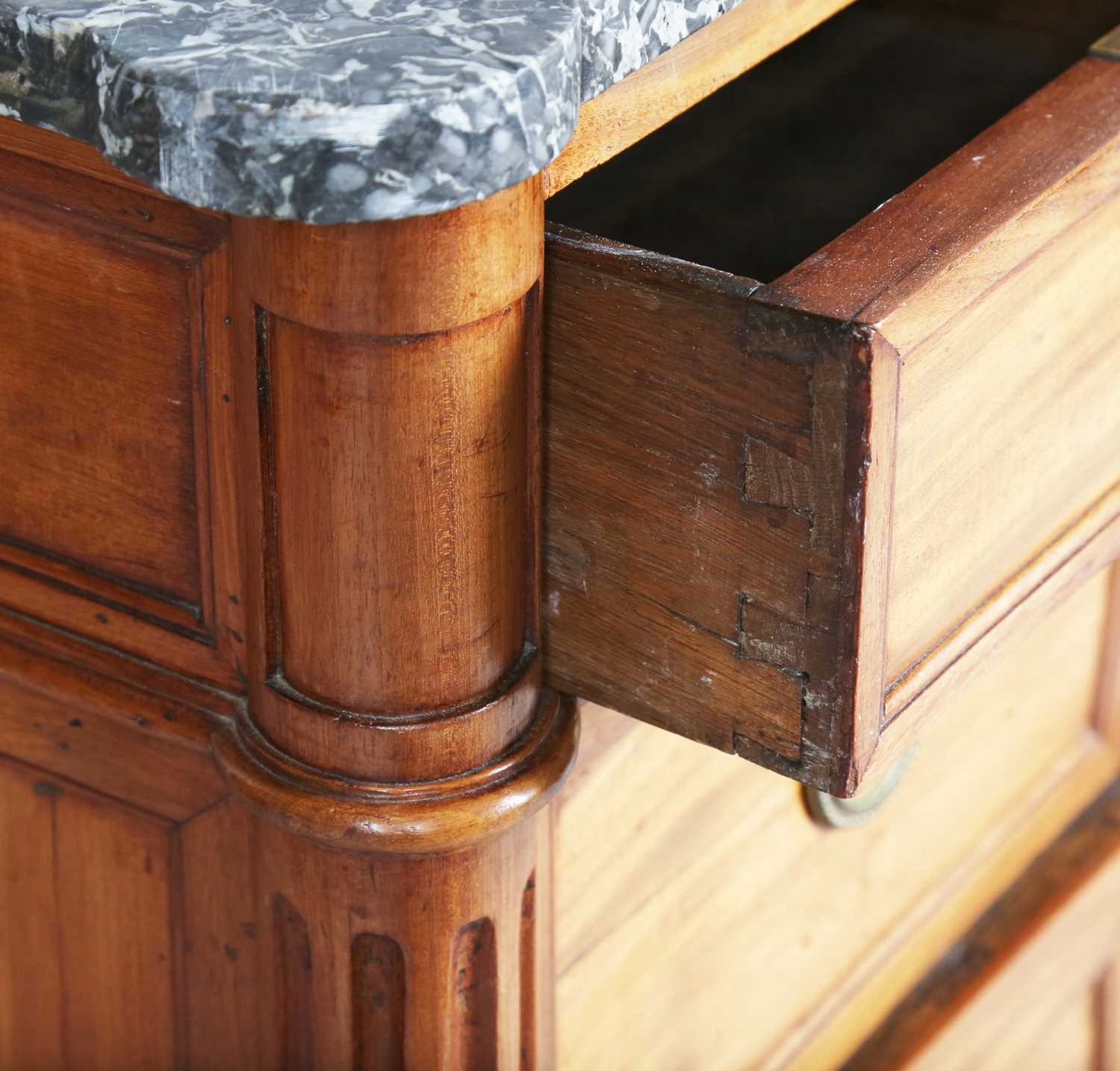 A late 18th century French Louis XVI period fruitwood five-drawer commode with a dark grey marble - Image 3 of 8