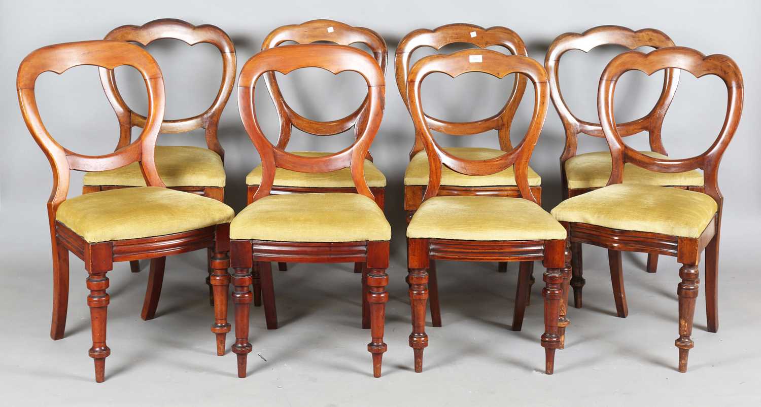 A set of eight late Victorian mahogany spoon back dining chairs, height 86cm, width 45cm.