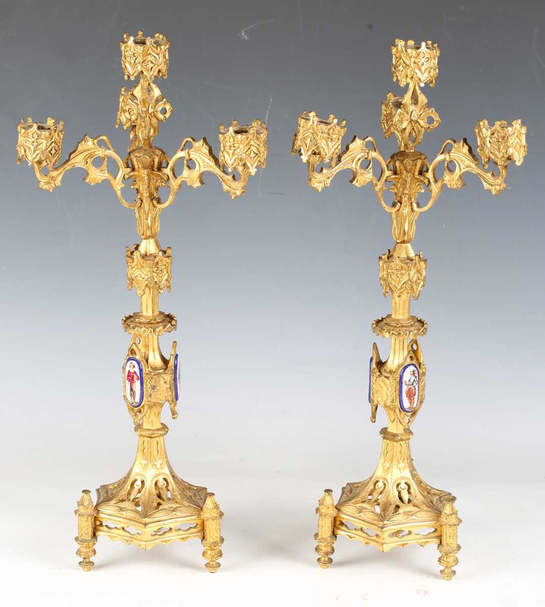 A pair of late 19th century French Gothic Revival cast ormolu four-light candelabra, each stem - Image 10 of 15