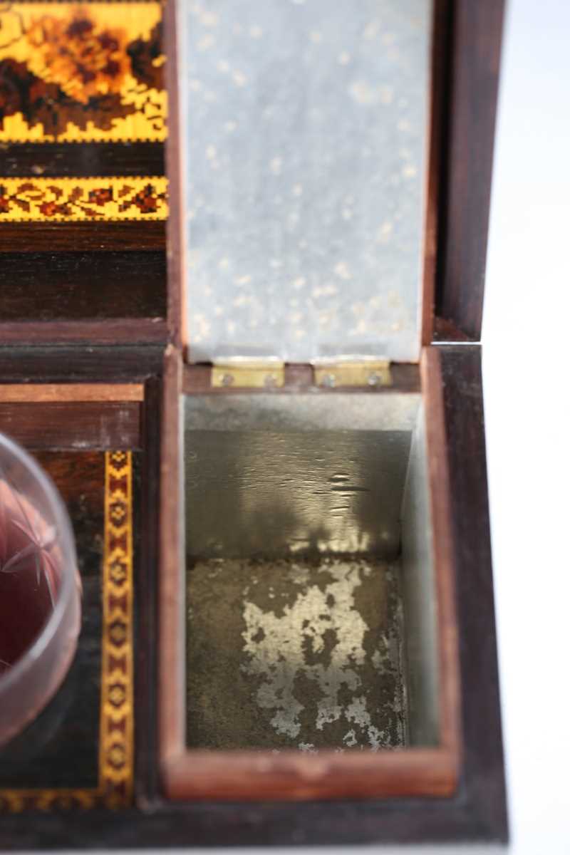 A Victorian Tunbridge ware rosewood tea caddy of sarcophagus form, the hinged lid with a geometric - Image 9 of 20