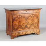 A 19th century French burr walnut four-drawer commode with a grey marble top and gilt brass handles,